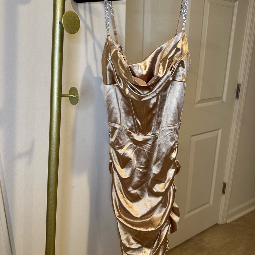OH POLLY Gold Midi Satin Bodycon Dress with diamond straps